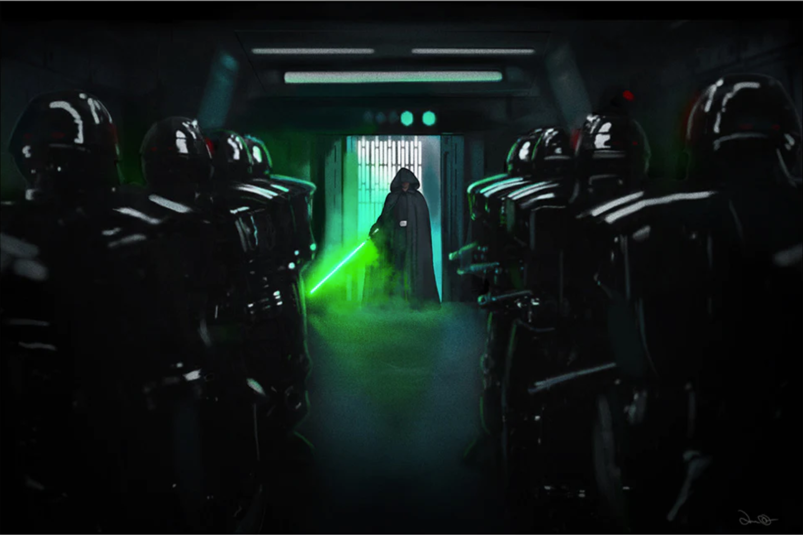 Luke Skywalker enters the hallway leading to the bridge to cut through the Dark Trooper platoon.