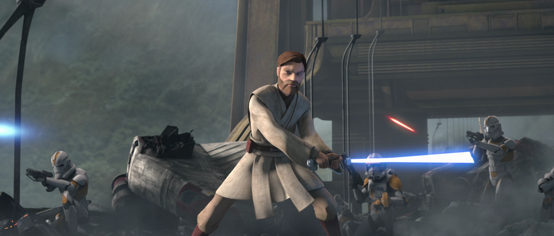 Obi-Wan Kenobi saving Commander Cody during the battle.