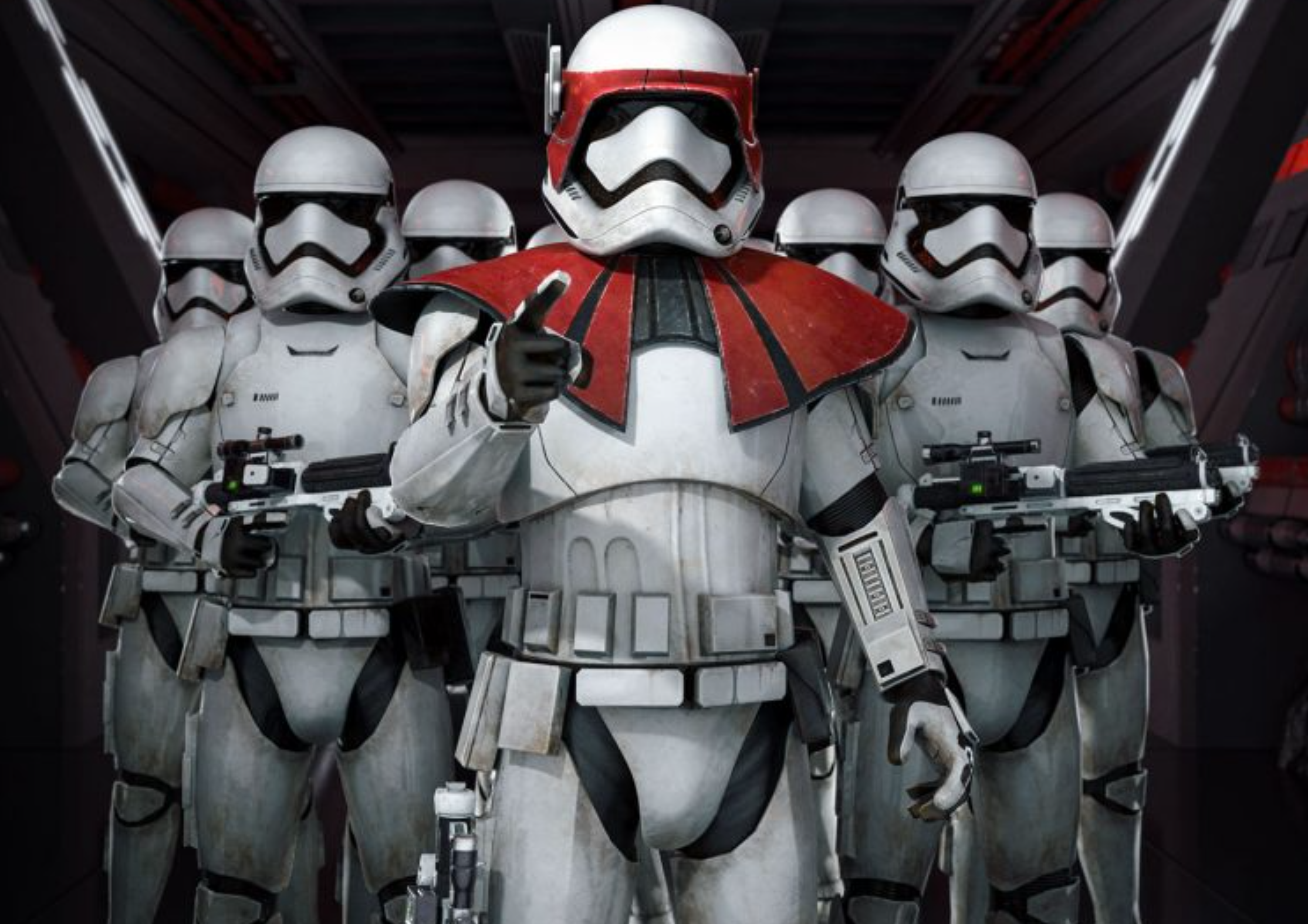 The blank armor of standard stormtroopers contrasted by the unique gear of Lieutenant Gauge