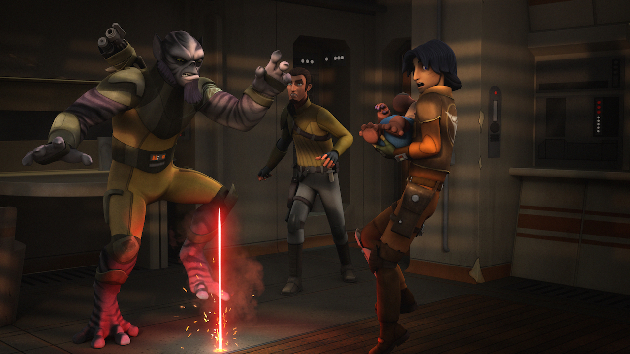 Bridger, Jarrus, Orrelios, and Pypey being attacked by the Fifth Brother and Seventh Sister