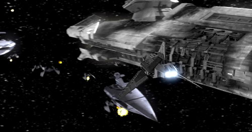 A Republic orbital shuttle carrying the Jedi Exile with her companions and Mandalore the Preserver with his soldiers about to board the Ravager.