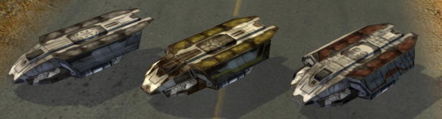 Three undeployed Mobile Defense Units, belonging to the Empire, the Zann Consortium, and the Rebellion, respectively.