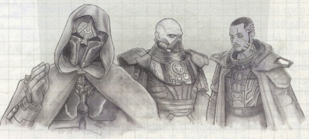 (From left to right) Lord Adraas, Darth Malgus, and Darth Venemal during a strategy session