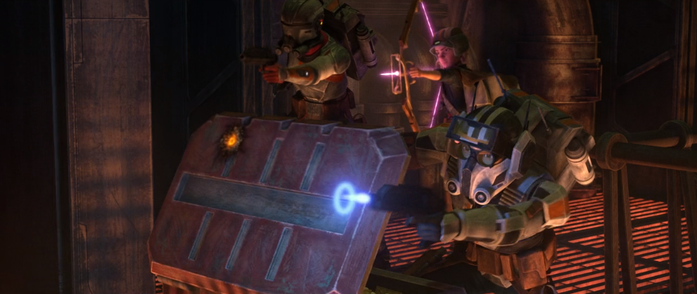 Aboard the cargo ship, Tech, Echo and Omega were attacked by clone troopers under the command of Captain Wilco.