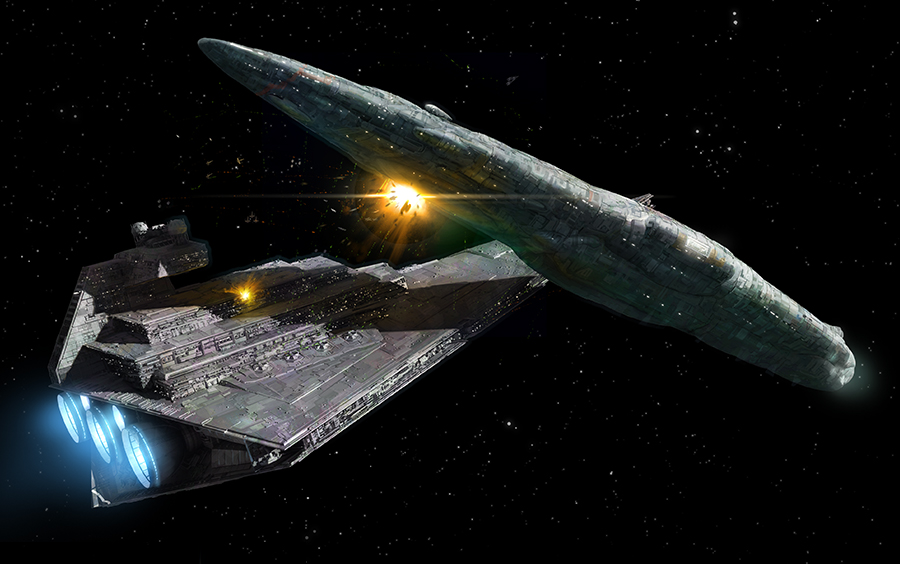 An Imperial-class Star Destroyer and Mon Calamari cruiser engage each other at point-blank range