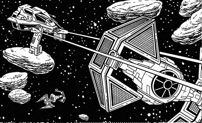 A Defender chasing a TIE Interceptor.