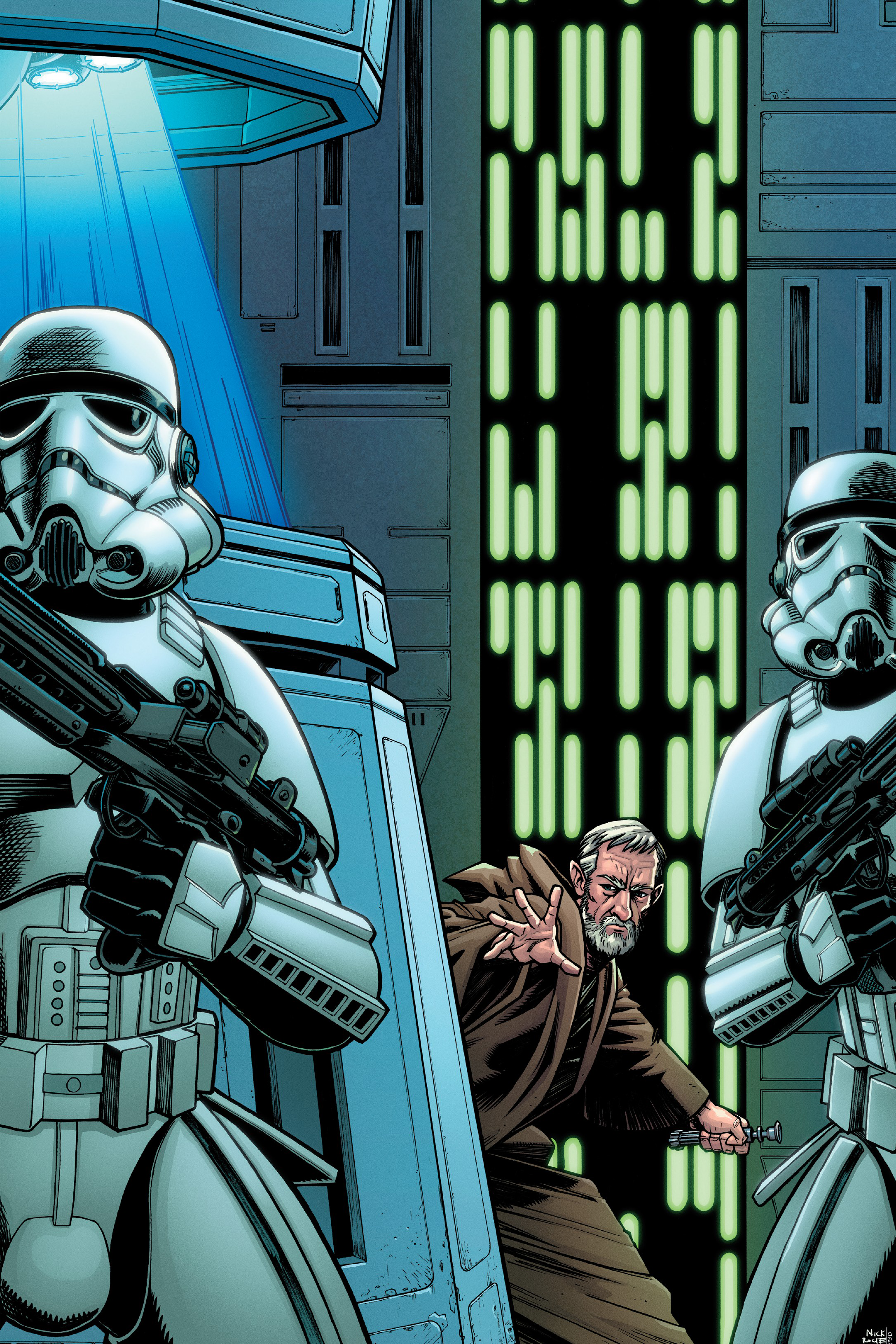 Obi-Wan distracts two stormtroopers after disabling the tractor beam.