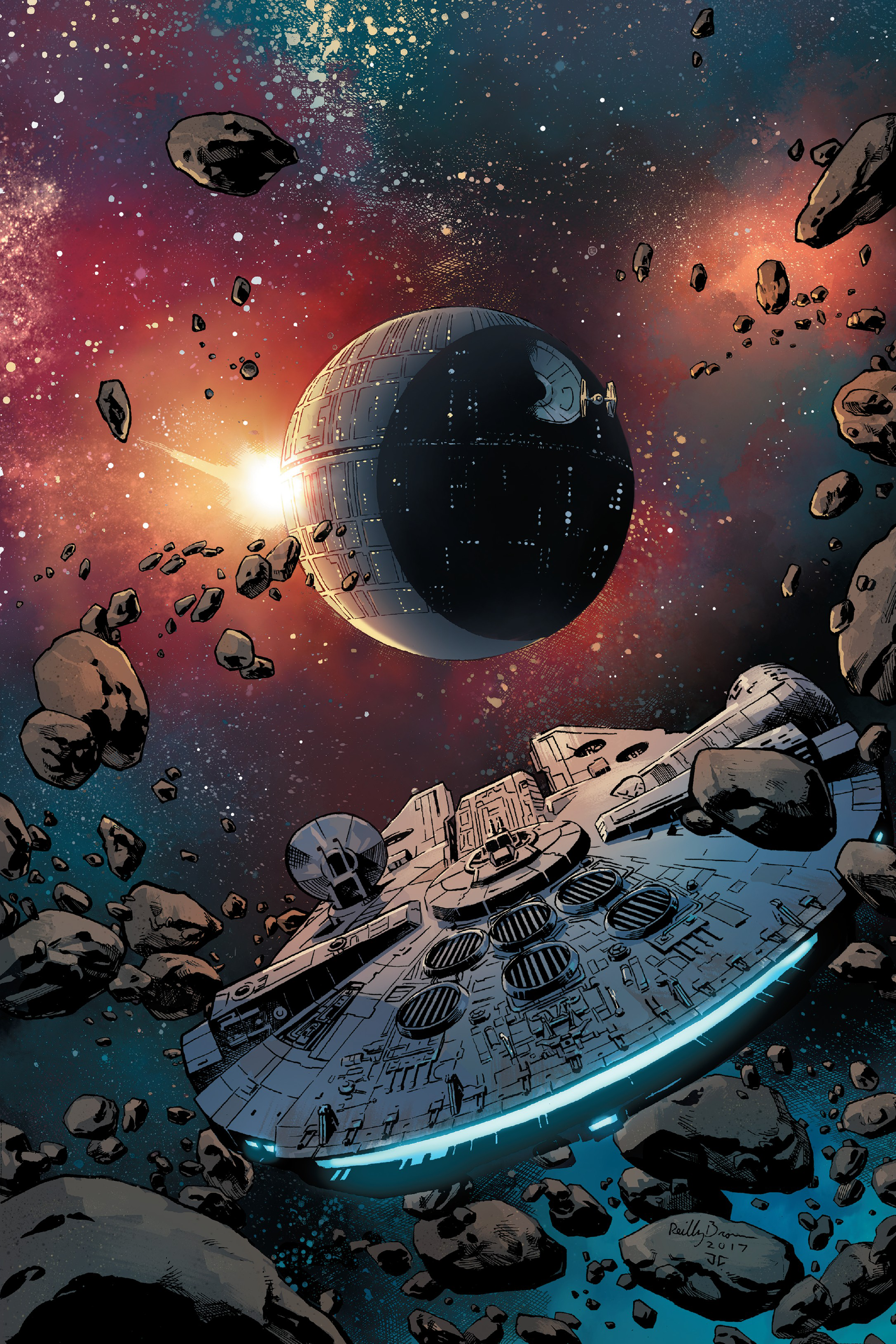 The Millennium Falcon approaches the Death Star through the remains of Alderaan.