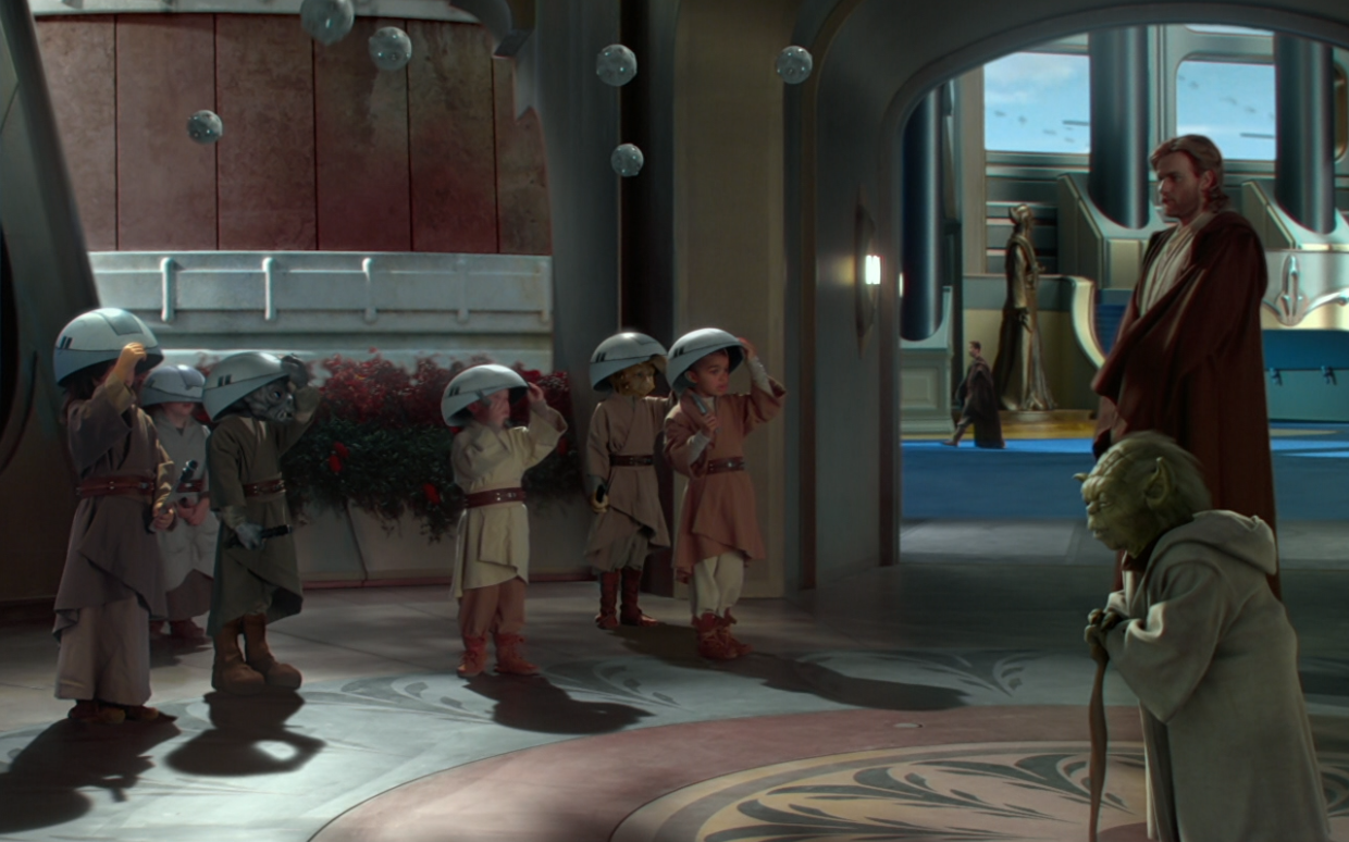 Jempa and the other younglings greeted Obi-Wan Kenobi when he interrupted their training session in the Jedi Temple.