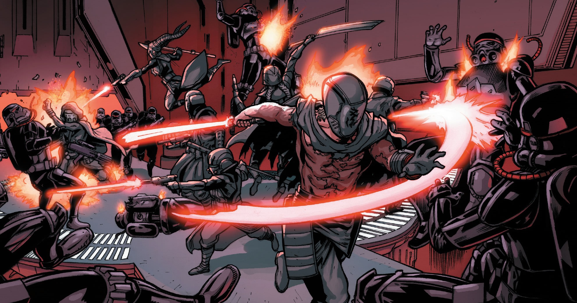 The Knights of Ren cutting down volcanic environment stormtroopers at Fortress Vader