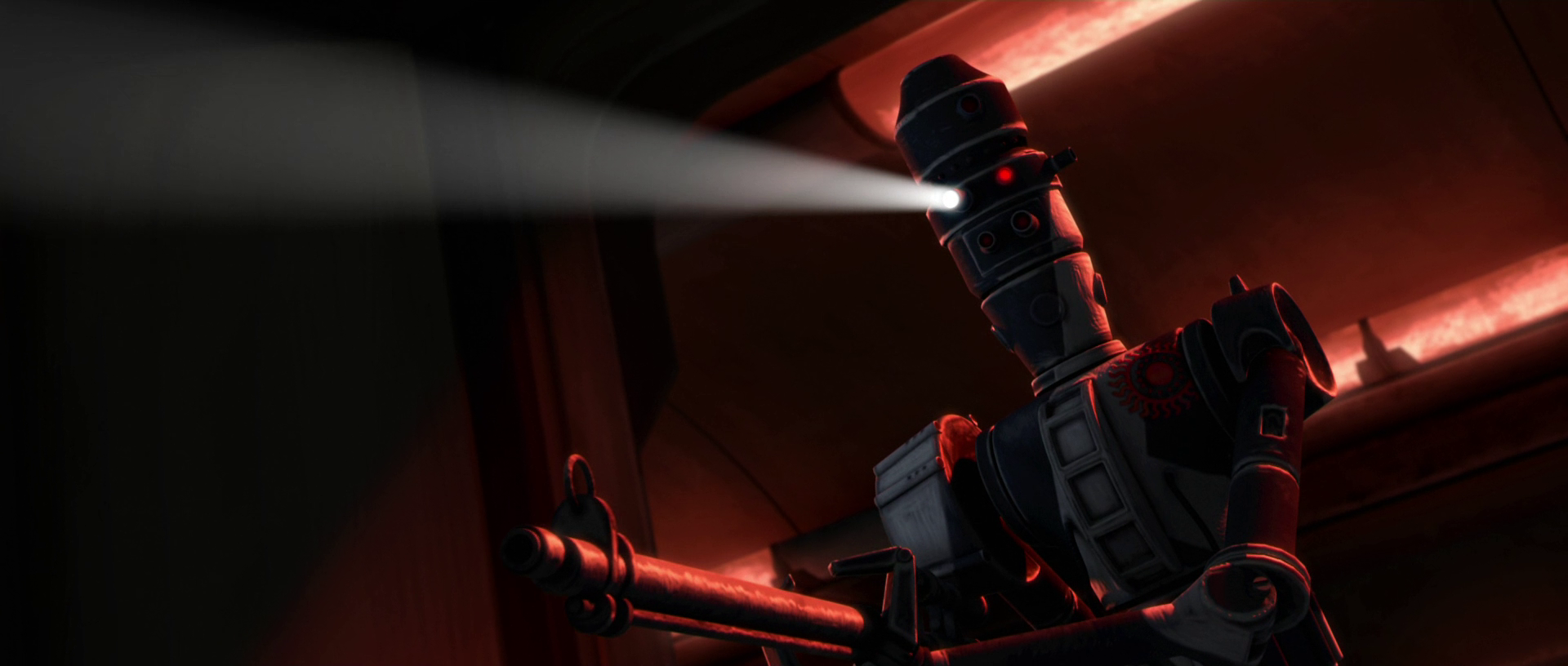 The sentinel droid using its searchlight