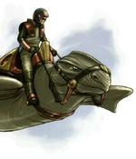 Un cavaliere in groppa di un thranta comune