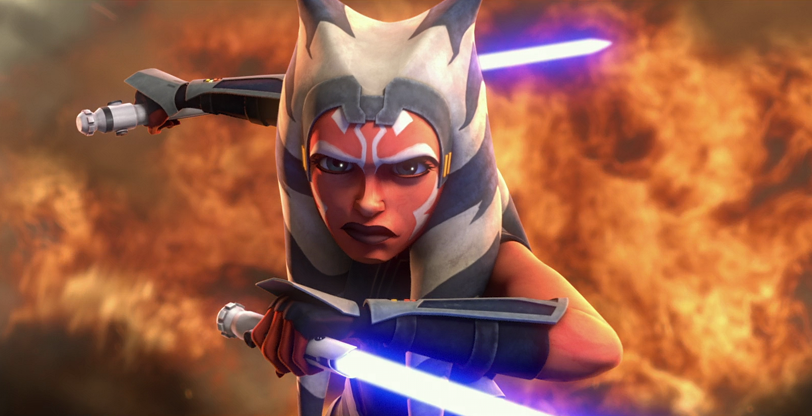 Ahsoka wielding her original lightsabers during the Siege of Mandalore