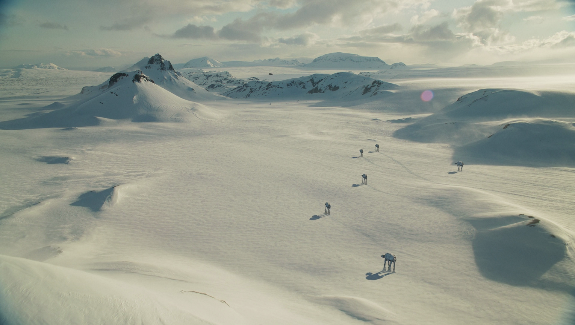 Imperial AT-ATs traverse the frozen landscape on Hoth.