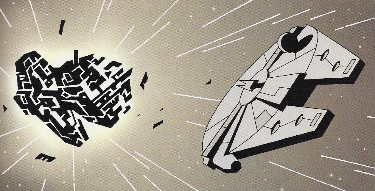 The Millennium Falcon escapes the Hungry Ghost by exploding it.