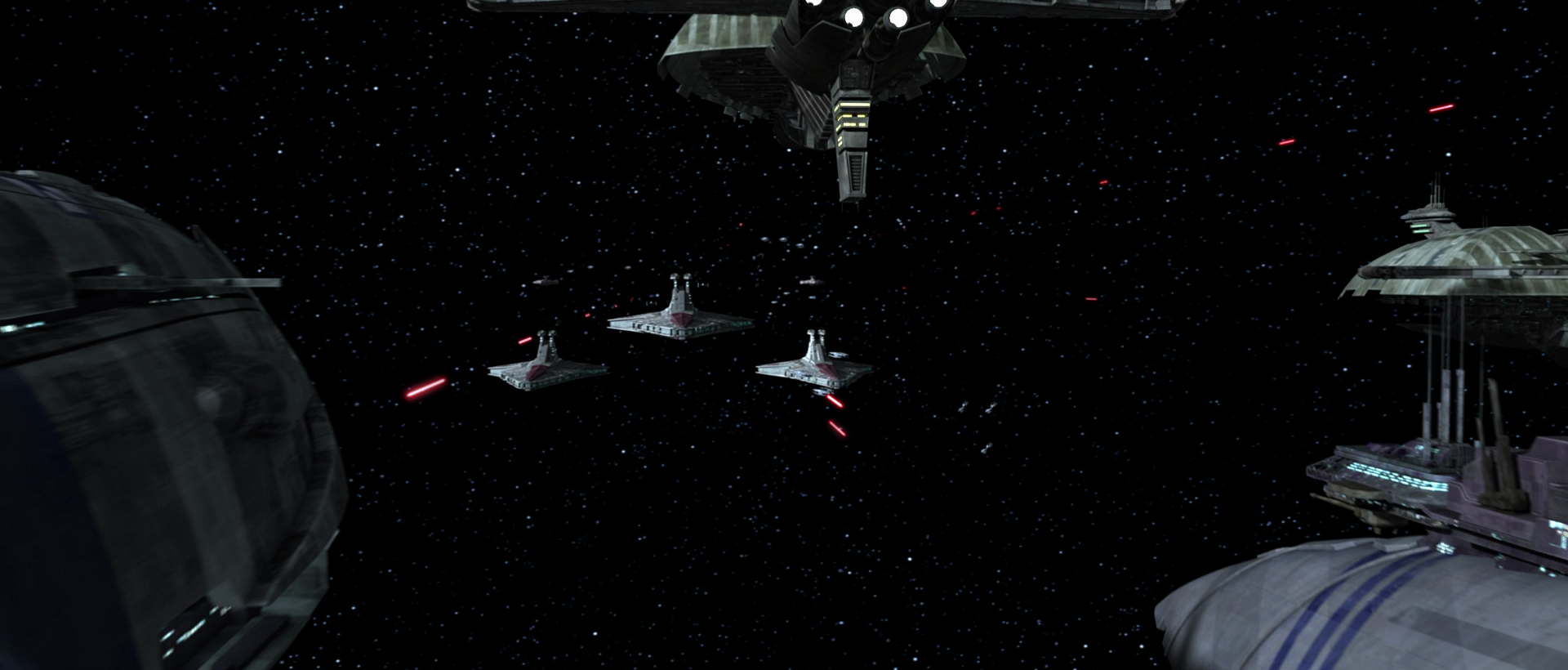 The Separatist fleet presses the attack on the Republic fleet.