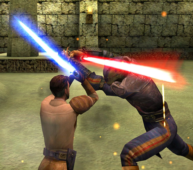 Desann and Kyle Katarn engaged in battle in Yavin 4 underground.