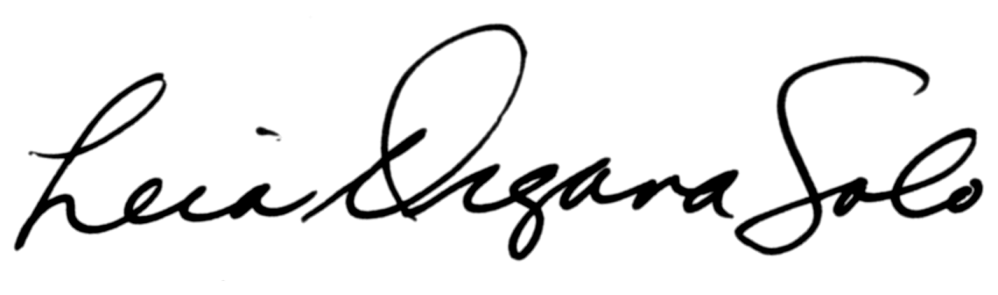 The signature of Leia Organa Solo, written in a cursive form of this alphabet