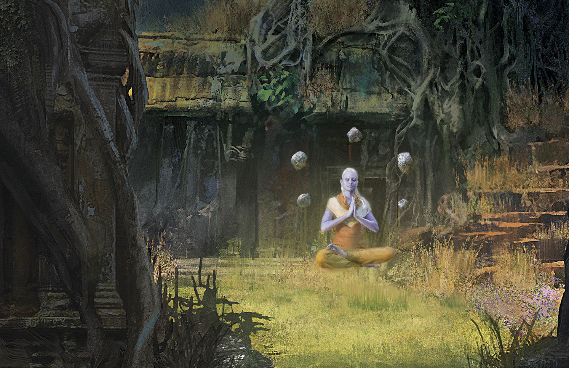 A blue-skinned Force-user meditates while levitating in the ruins of an unknown world.