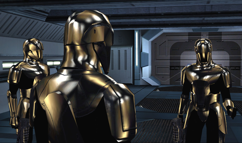 Sith troopers discuss the capture of the Ebon Hawk and its crew.