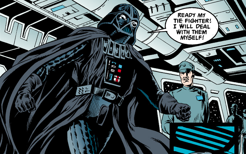 Admiral Okins and Darth Vader man the Executor's bridge during the Vergesso assault.