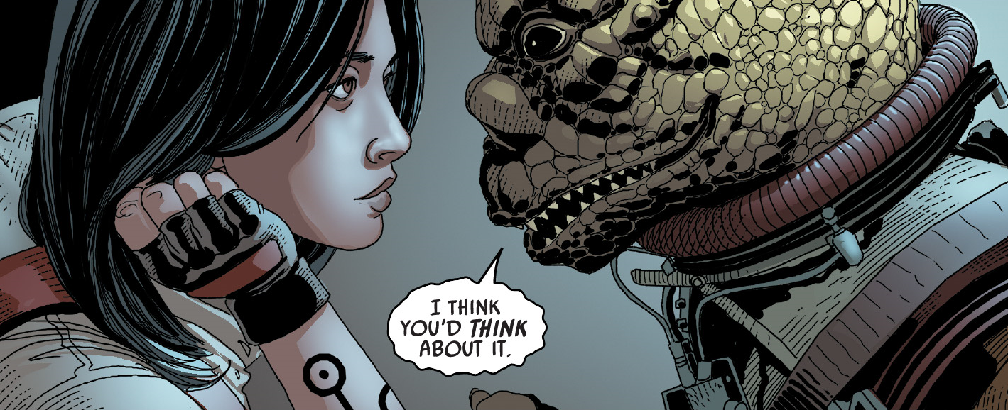 Bossk warns Aphra not to double cross the bounty hunters.