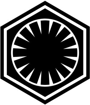 The black hexagonal emblem of the First Order with a circle of inward pointing spikes in its center.