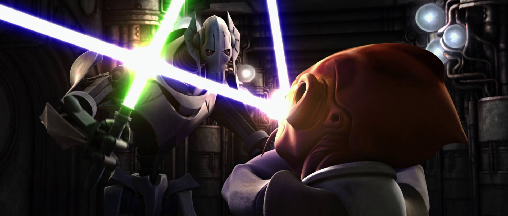 Vebb and Grievous engage in a saberlock.