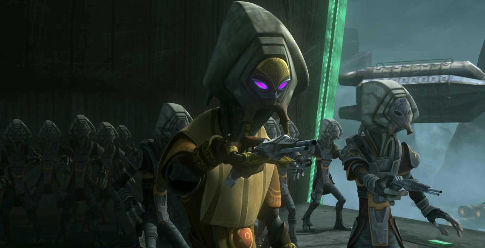 Lom and his men hold Count Dooku at gunpoint.