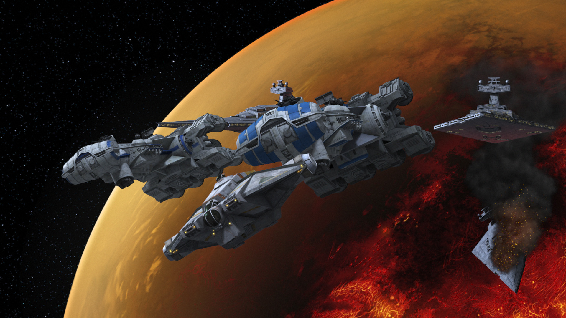 Phoenix Squadron arrives at Mustafar to help the Ghost crew escape from the Empire.