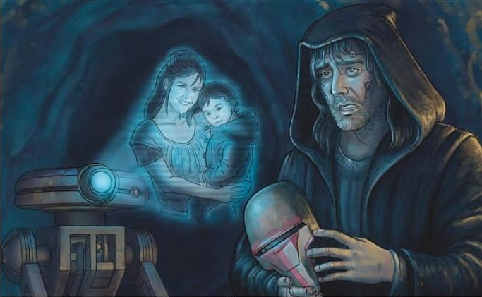 Revan watches the hologram of his family.