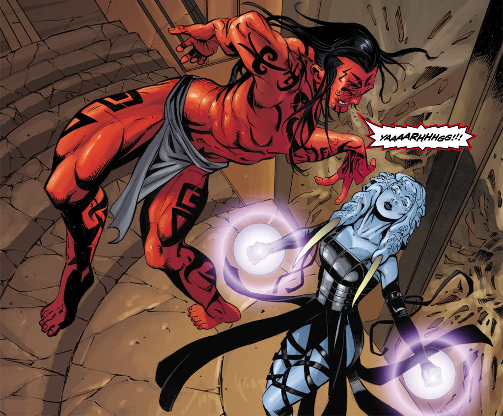 Sith trainee Saarai attacking Darth Stryfe with telekinesis.