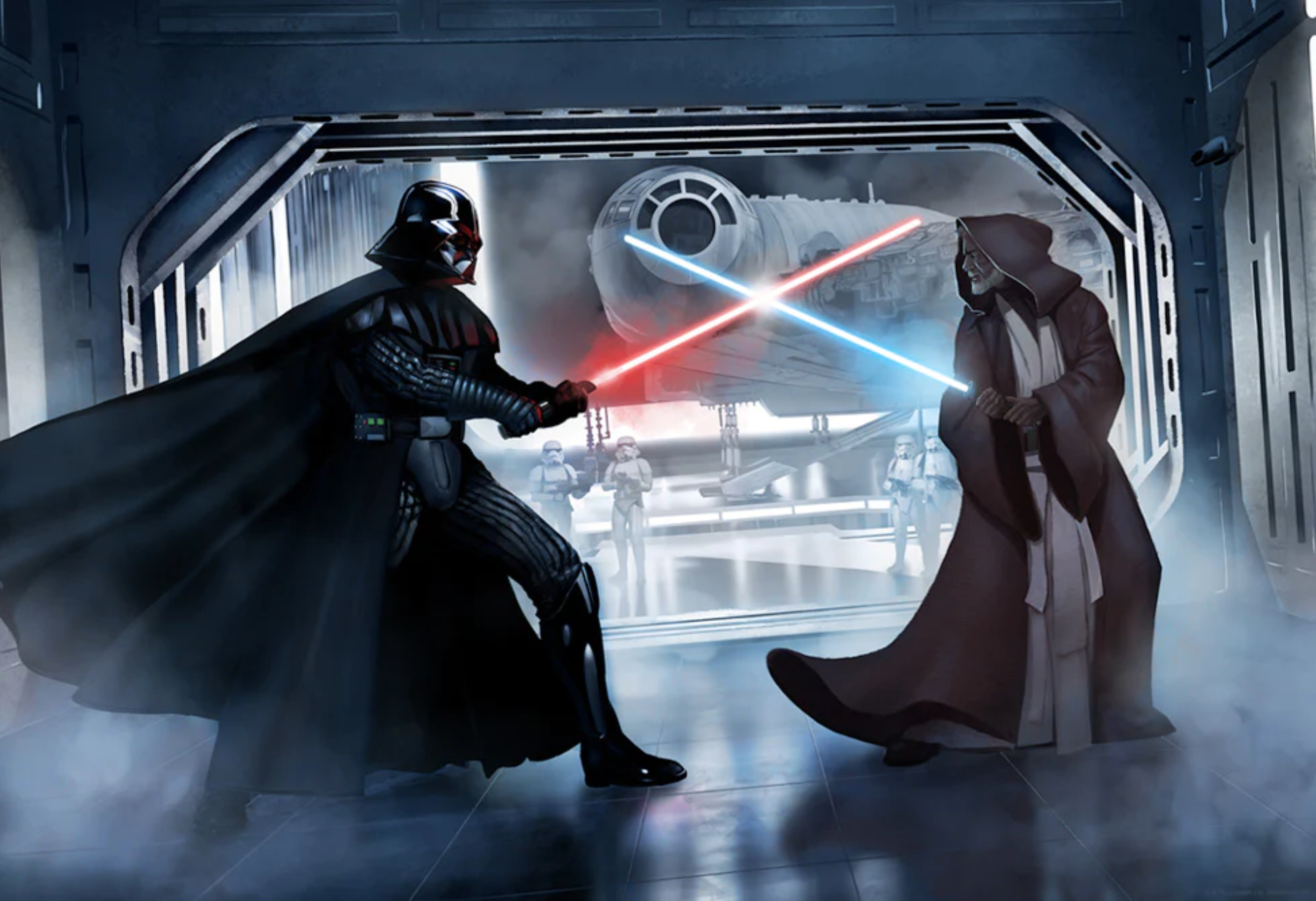 Darth Vader and Obi-Wan Kenobi duel for what is to be the final time aboard the Death Star.