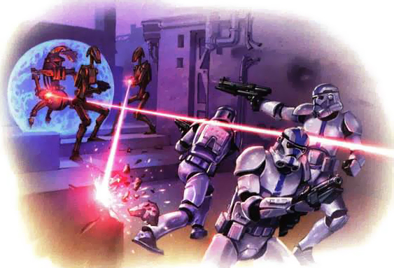 Battle droids fight Clone troopers during the battle.