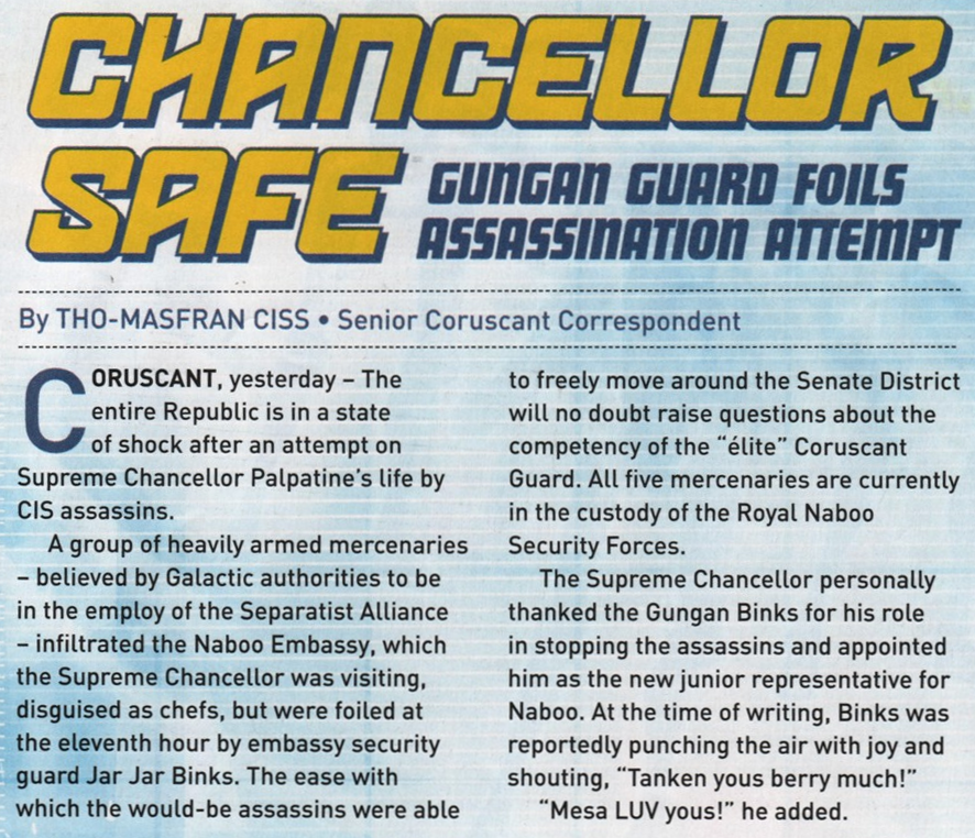 Tho-Masfran Ciss' report on a failed assassination attempt on Palpatine