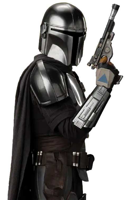 The Mandalorian Din Djarin holding his IB-94