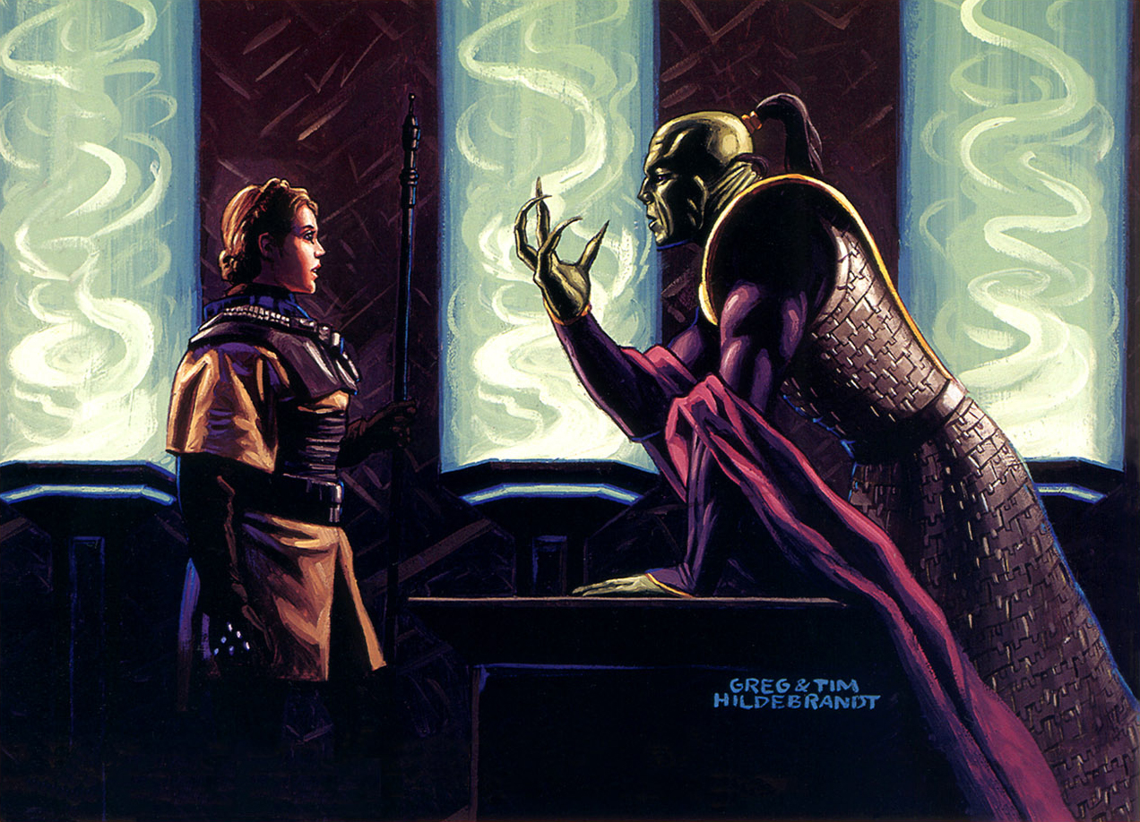 Leia Organa meets Prince Xizor, depicted by the Hildebrandts.