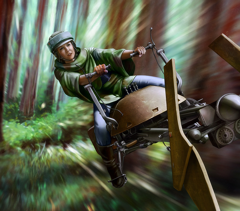 Leia on a stolen speeder bike during the Battle of Endor