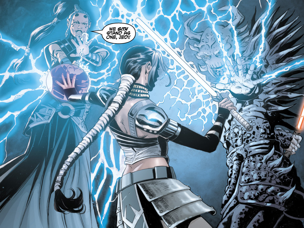 Alongside Darth Krayt, Darth Maladi battles Celeste Morne.