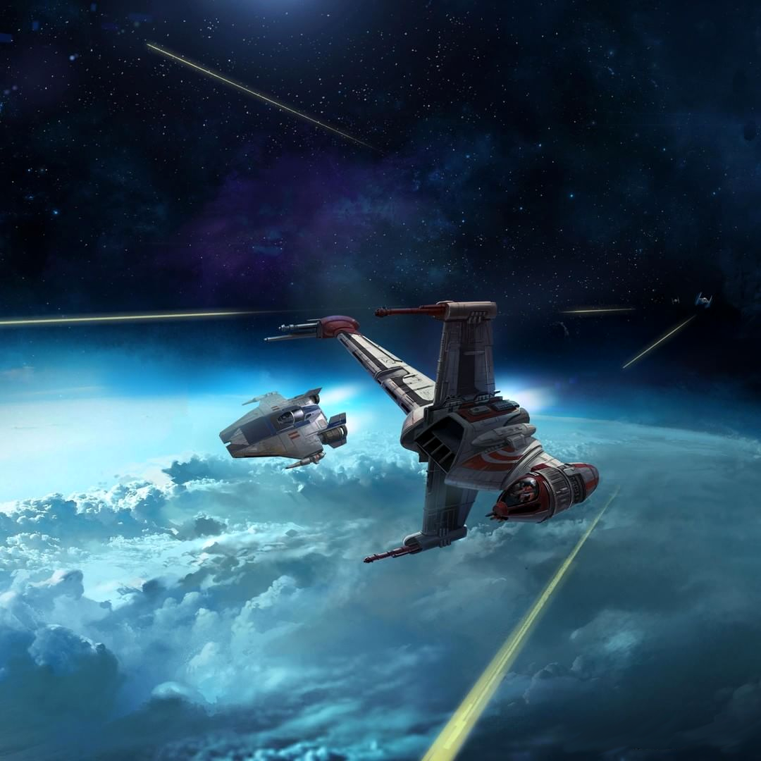 A B-wing and an A-wing being pursued by Imperial TIE fighters