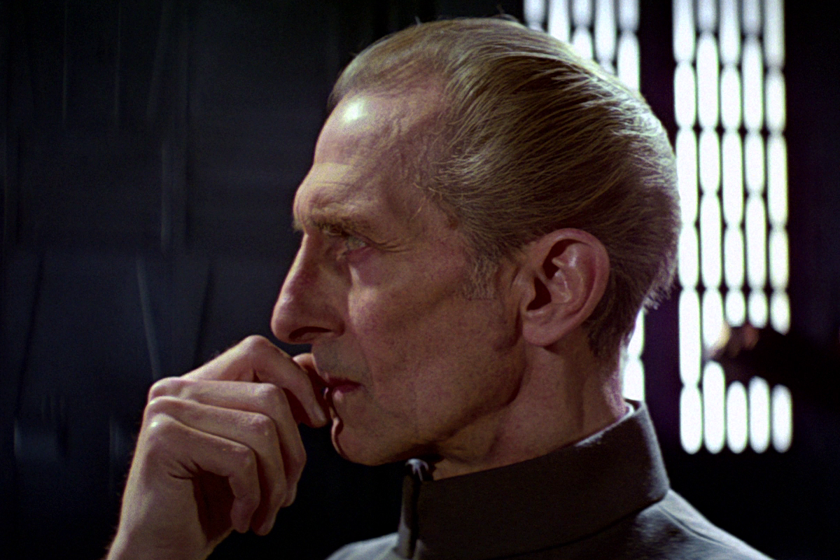 Scenes of Tarkin watching the Battle of Yavin (pictured) were not originally scripted, but were added during the editing phase.