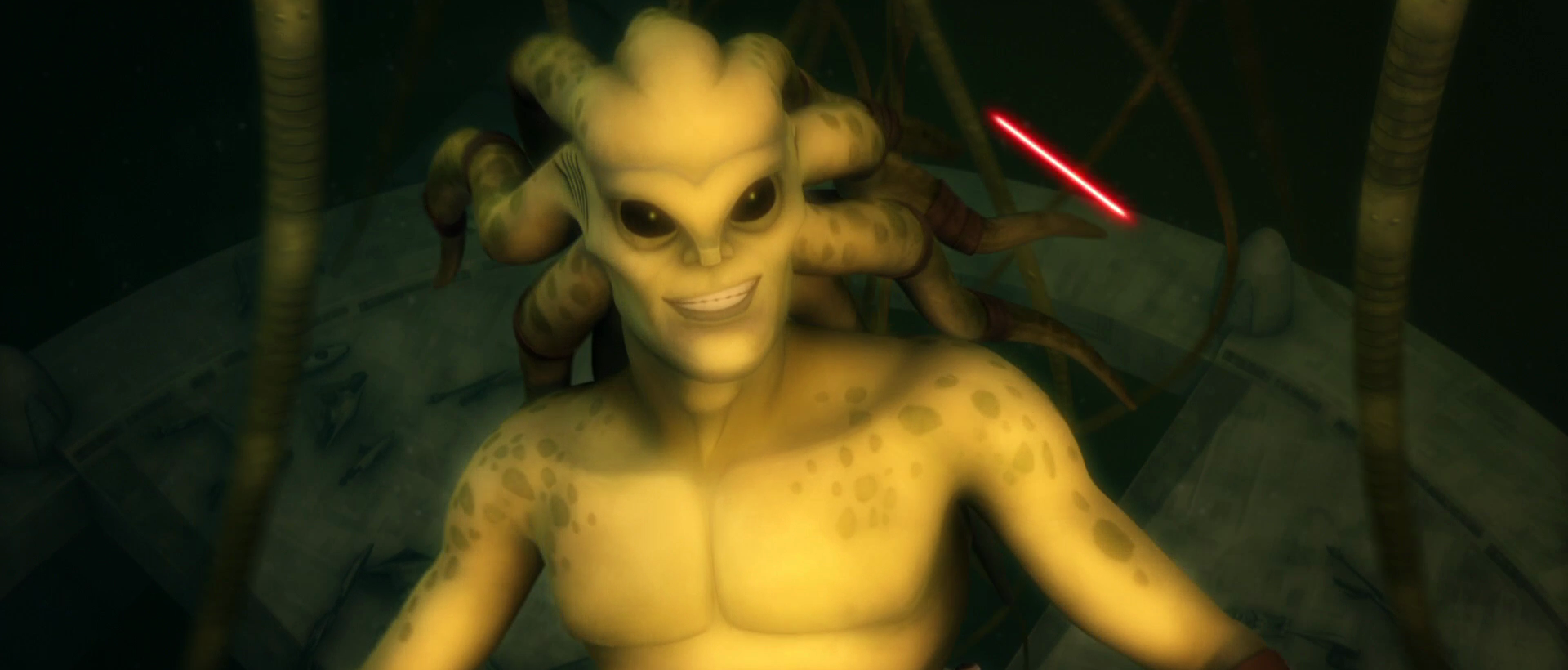 Kit Fisto smiling upon destroying one of the Hydroid Medusa.