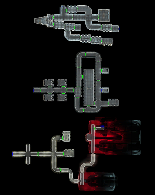 The deckplan of the Harbinger. Top to bottom: Command deck, crew quarters, engine deck