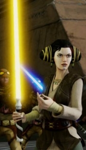 Mavra Zane wielding her yellow lightsaber