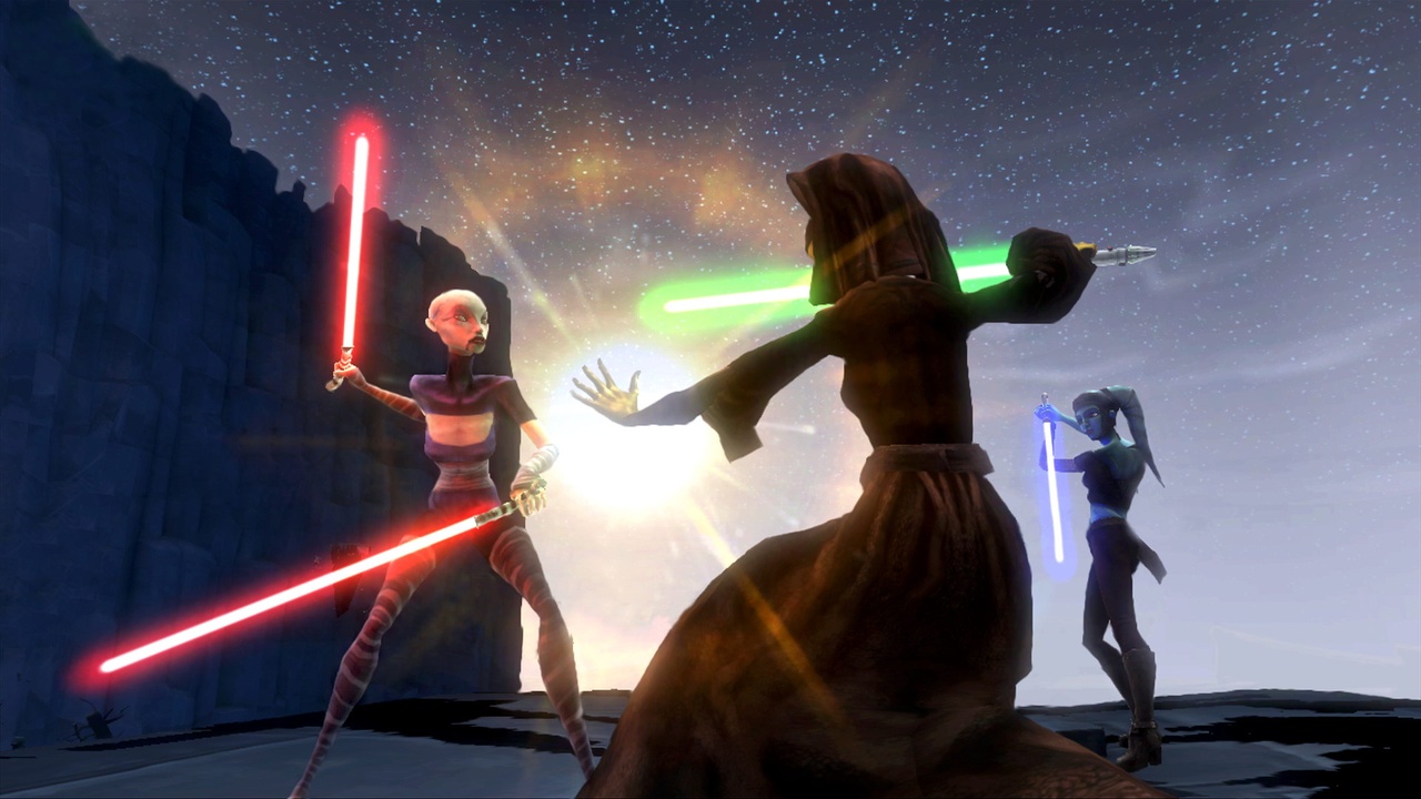 Aayla Secura and Luminara Unduli engage Asajj Ventress while on a mission during the Clone Wars.