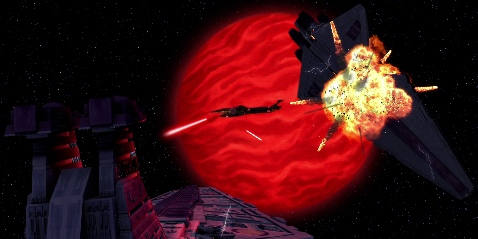 The Malevolence, commanded by Grievous, ravages Plo Koon's fleet in the Abregado system.