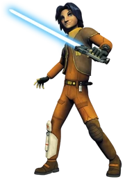 Ezra Bridger wielding his unique lightsaber