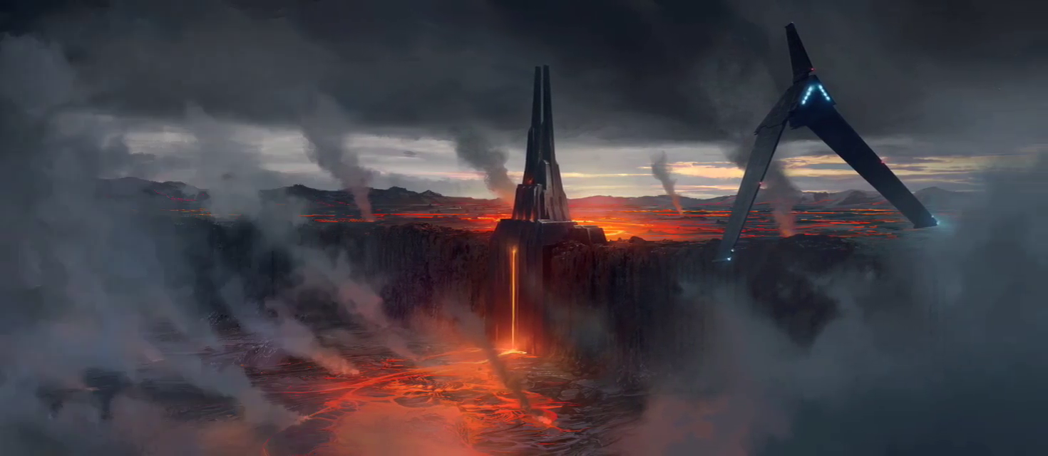 The electromagnetic interference in Mustafar's atmosphere interfered with sensors on even ground installations and posed a risk to travel across the already perilous world (a ground installation, Fortress Vader, and an incoming vessel, a Delta-class T-3c, traveling across Mustafar pictured).