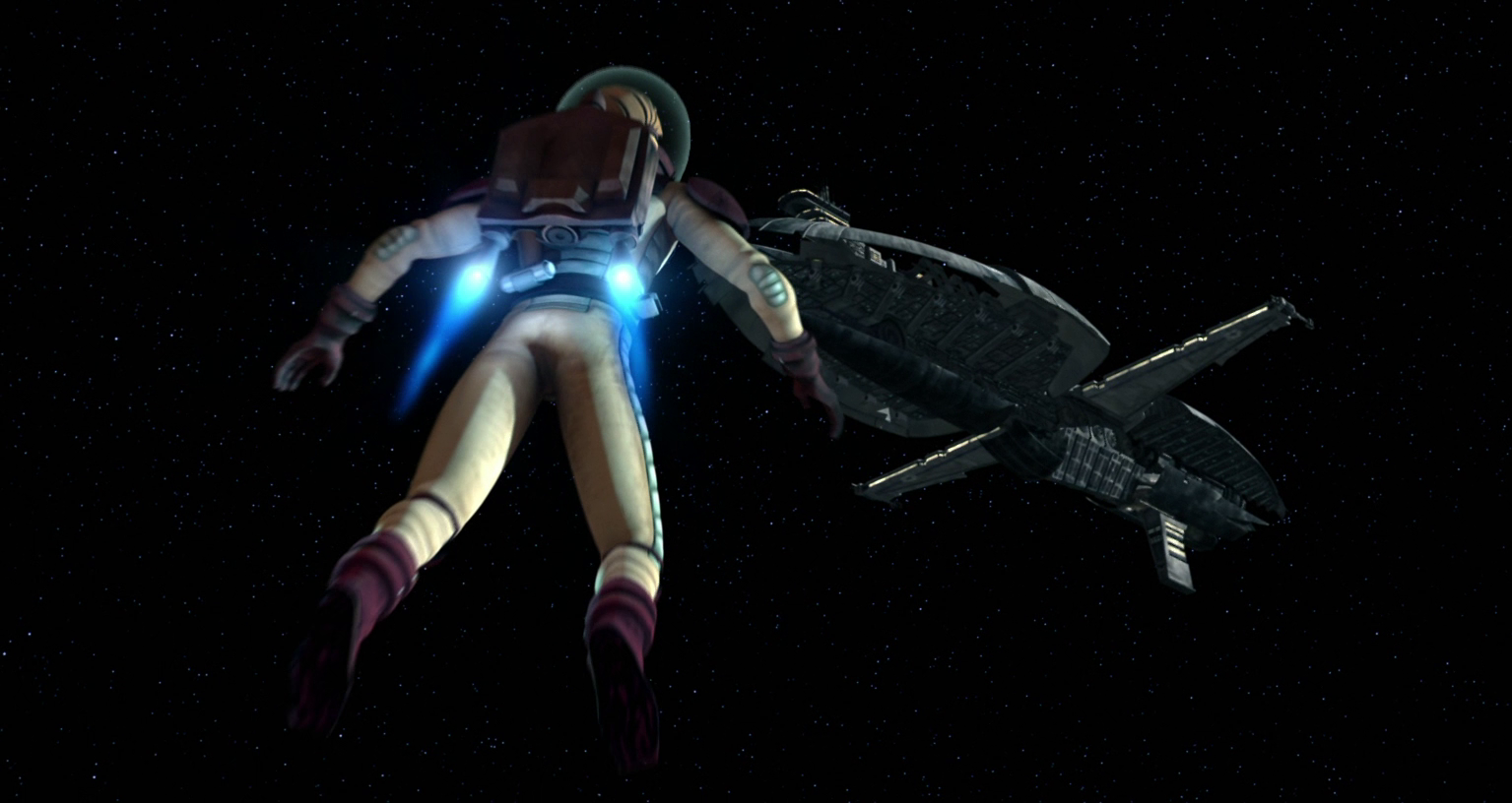 Kenobi flies towards Count Dooku's frigate in a space suit.