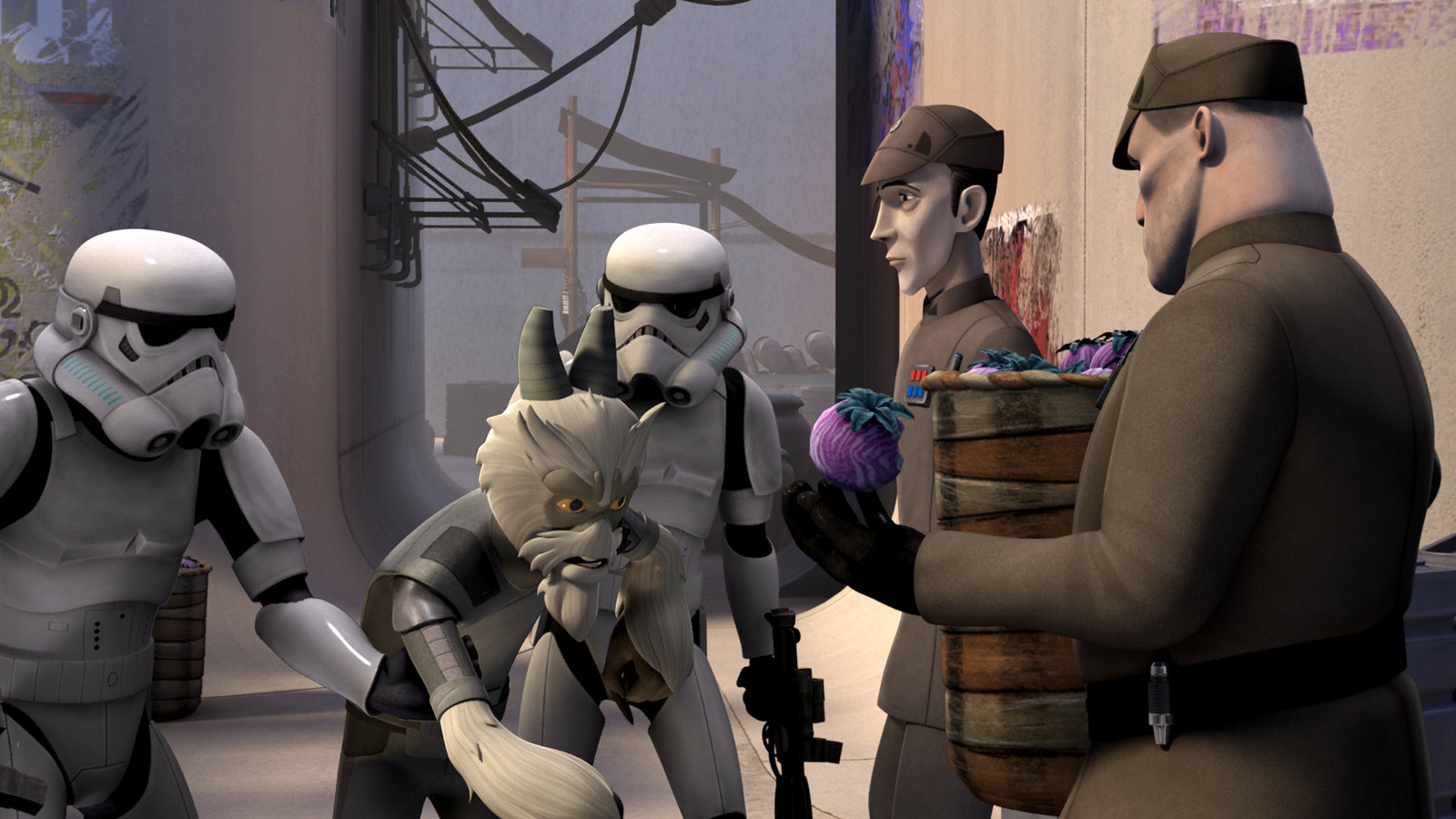 Imperial officers and stormtroopers patrolling Capital City's marketplace